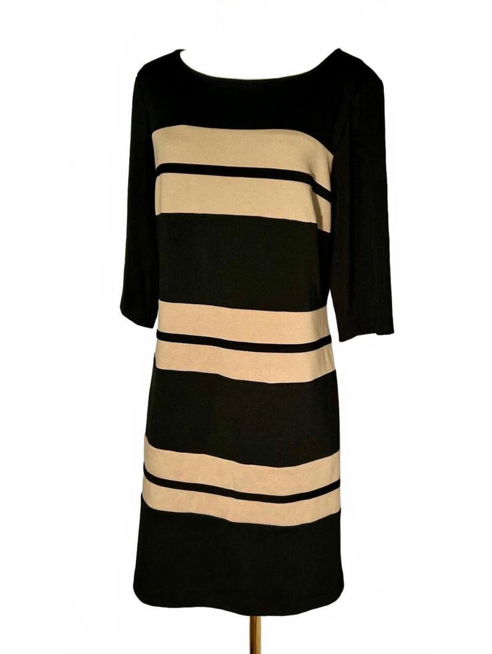 Taylor Womens 12 Black Tan Colorblock Stripe Shift Dress Mod 3/4 Sleeve Career